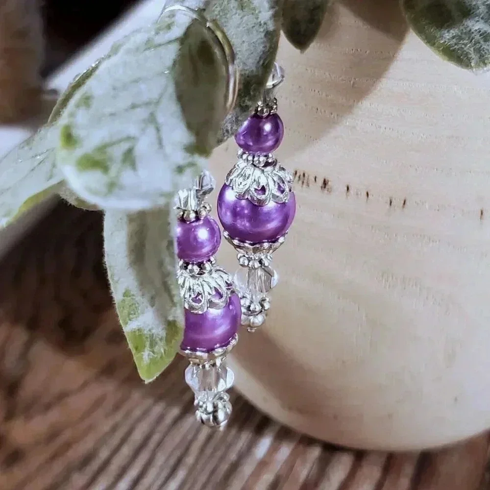 Purple Glass Pearl Sterling Silver Plated Handcrafted Dangle Earrings
